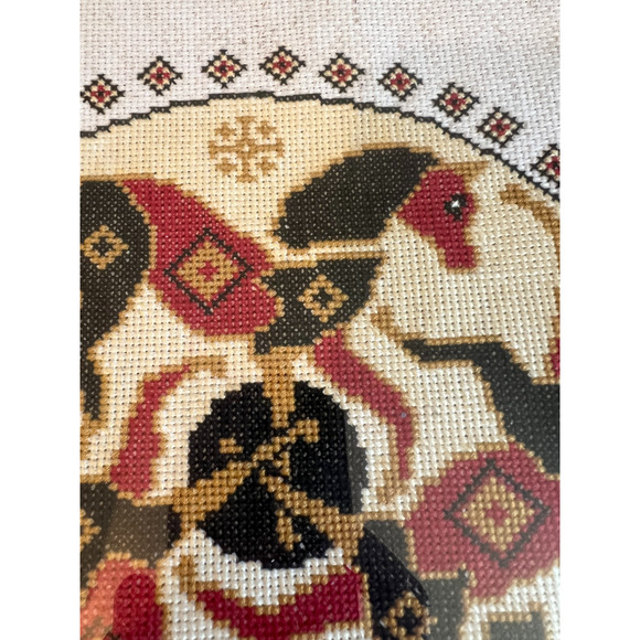 Vintage Swedish Cross-Stitch Wall Hanging Horses Handmade Framed 13"x14" - Picture 3 of 7